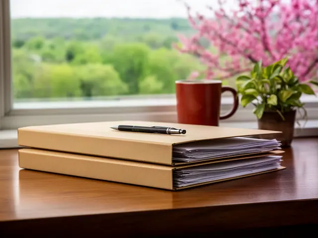 A neat stack of closed manila folders and a pen on a desk by a window.