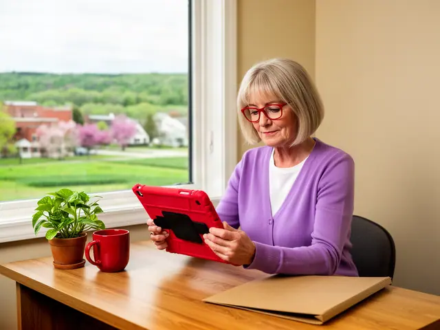 A woman with a short ash-blonde bob and red-framed glasses reviewing a tablet at a desk in a small back office.