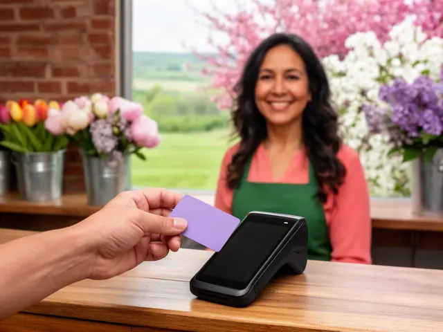 A customer taps a lavender card on a counter terminal at a flower shop.