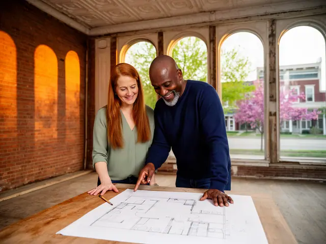 Two business partners looking over a pencil floor sketch in an empty storefront.