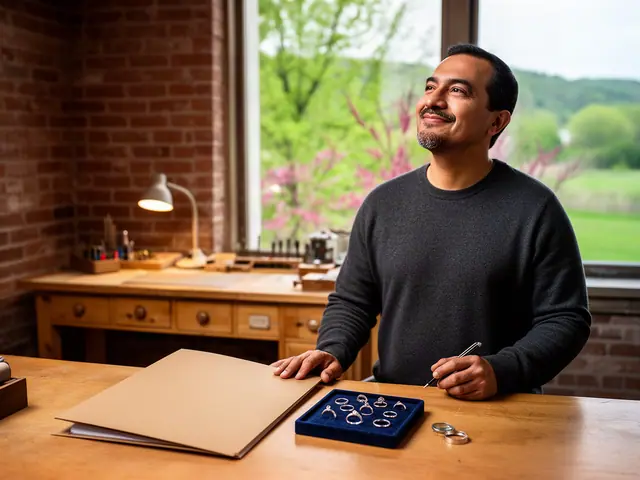 A smiling jeweler in a charcoal sweater at a workbench with a tray of silver rings and a closed folder.
